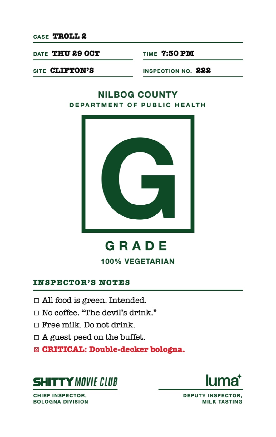 Nilbog County Department of Public Health inspection card: Grade G, 100% vegetarian