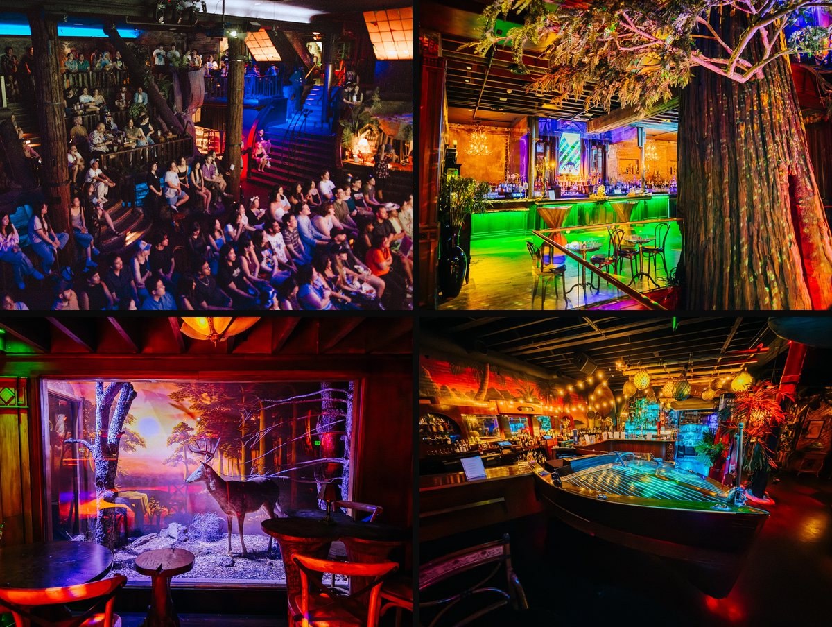 A packed Shitty Movie Club crowd in Clifton's main room, the enchanted-forest bar, the deer diorama and the boat bar
